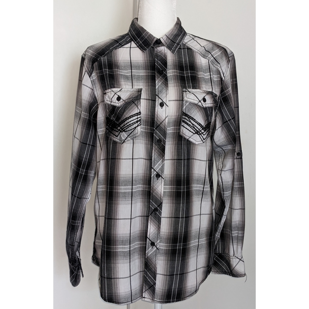 Surplus | Shirt Black White Gray Plaid Long Sleeve Western Button Down Sz M